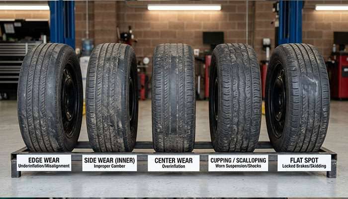 Diagram showing common tire wear patterns including edge wear, center wear, and cupping